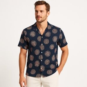 Ratio Clothing Camp Collar Button Up Shirt Navy Blush Starburst Vacationcore XL